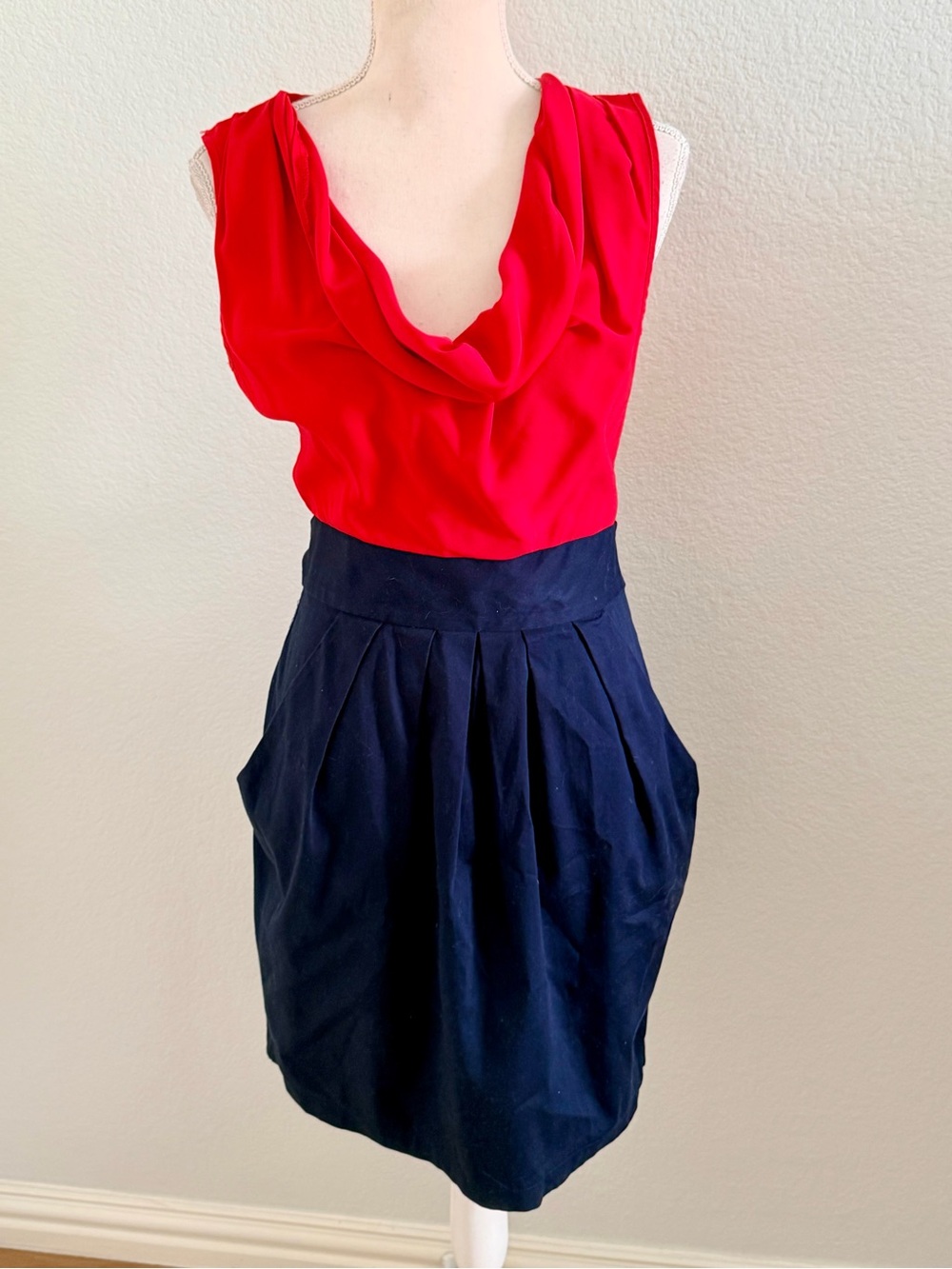Closet Red Cowl Neck Top with Navy Pleated A-Line Skirt